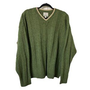Vintage London Fog Sweater Mens L Green Wool Ribbed V-neck Academia Grandpa